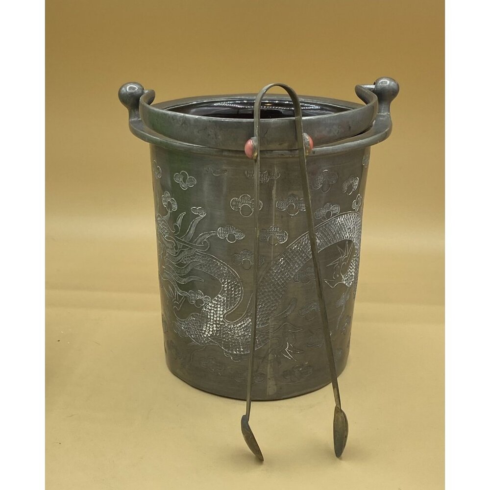 Art Nouveau Pewter Black Amethyst Glass Liner Etched Dragon Ice Bucket Tongs